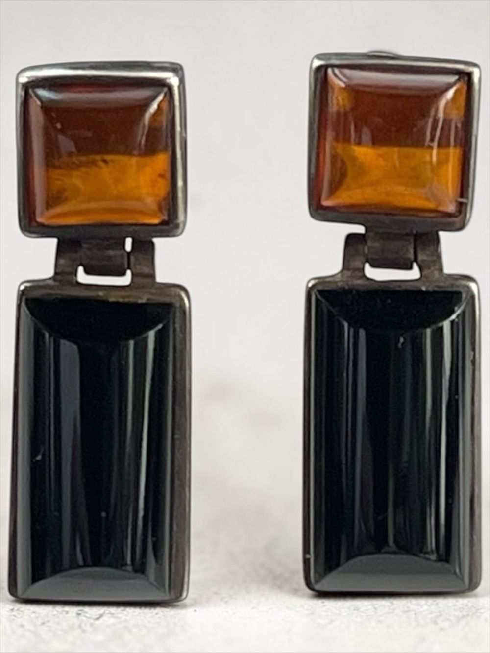 Modernist Amber Onyx 925 Sterling Silver Hinge Drop Earrings